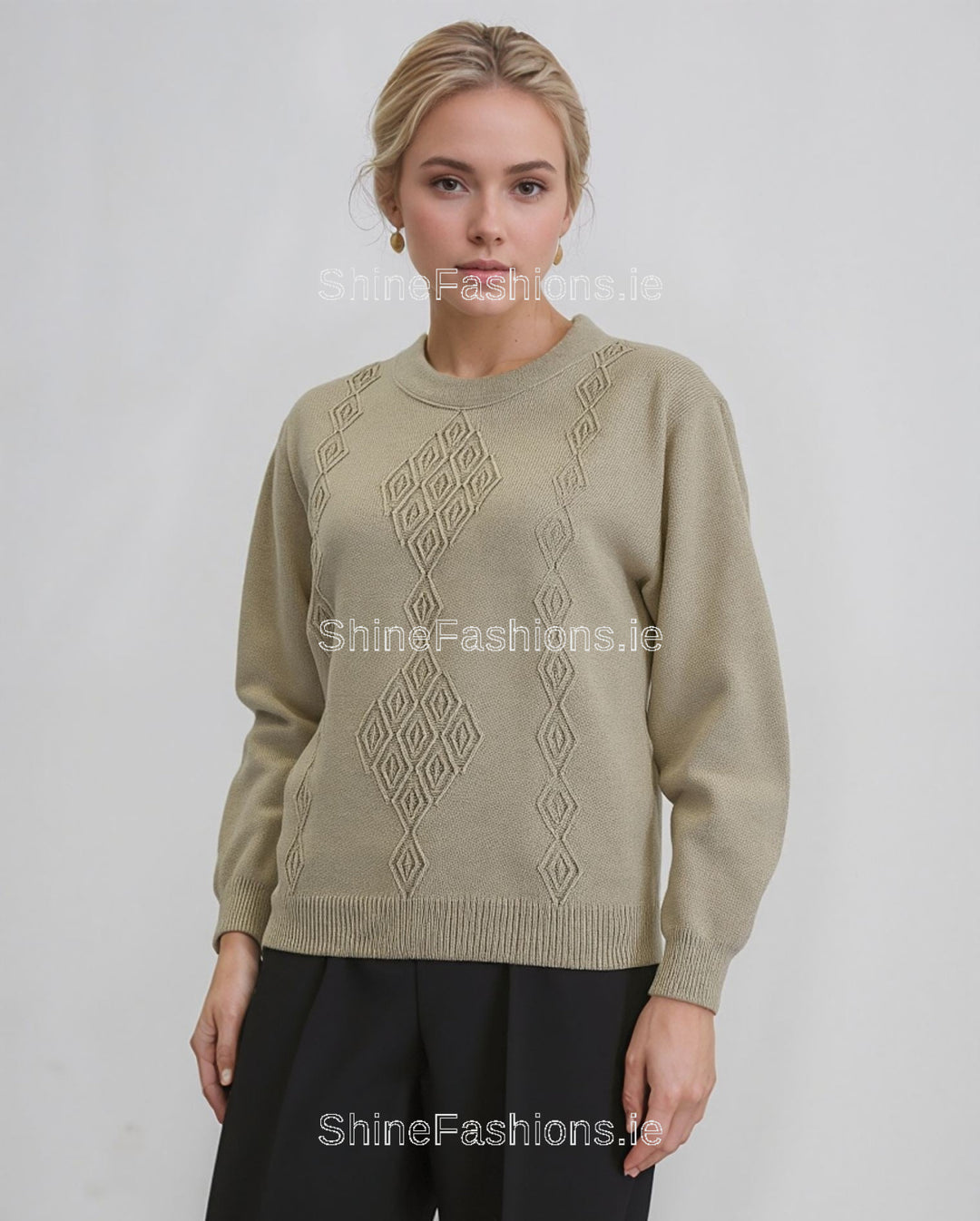 Beige Round Neck Diamond Design Jumper