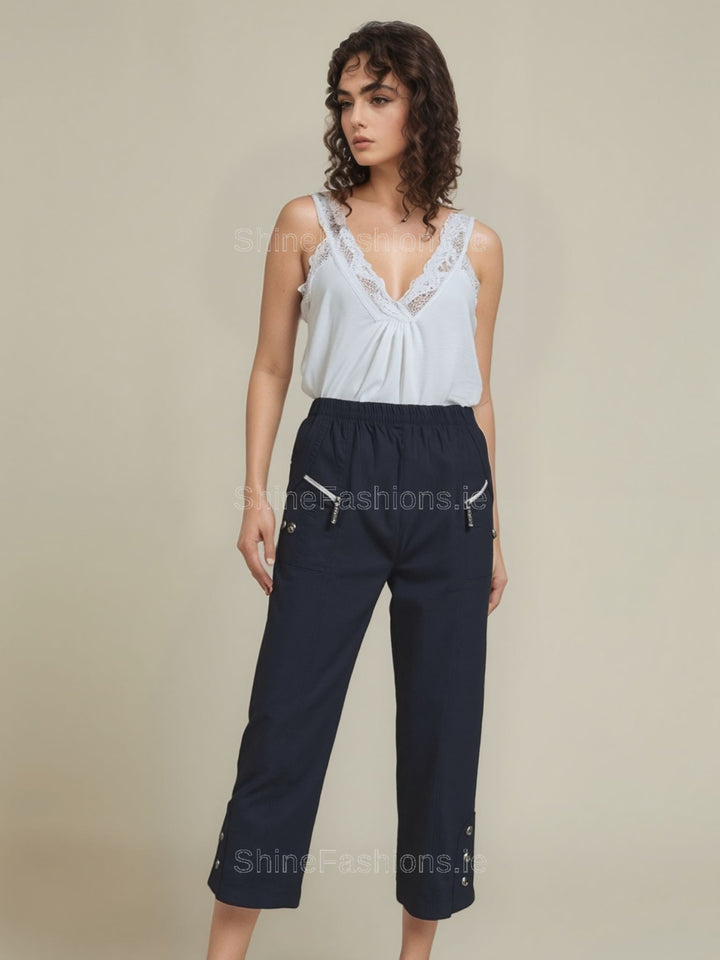 Black Cotton Stretch Elasticated Waist Cropped Trouser