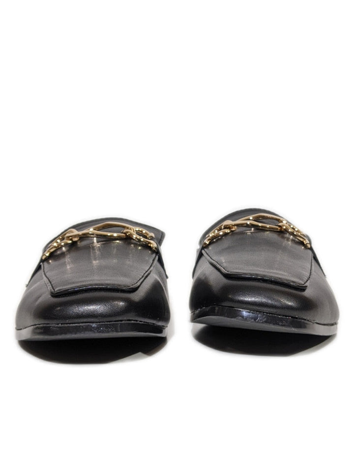 Black Gold Buckle Flat Mules