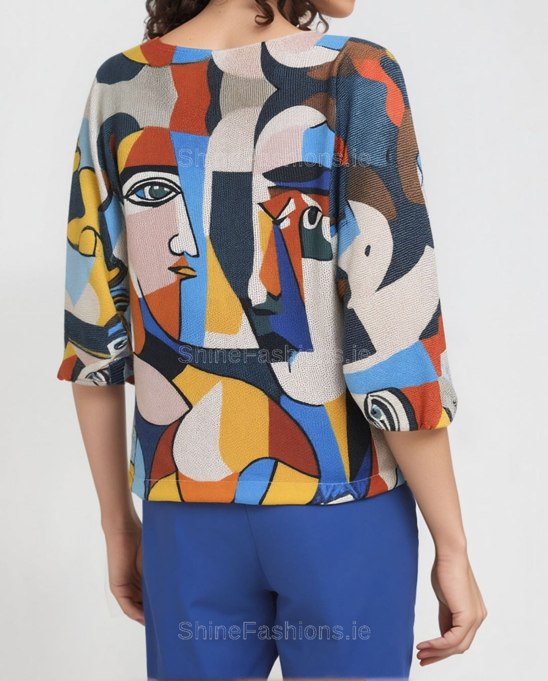 Blue Abstract Face Graphic Print Loose Fit Blouse One Size (Sizes 12-18)
