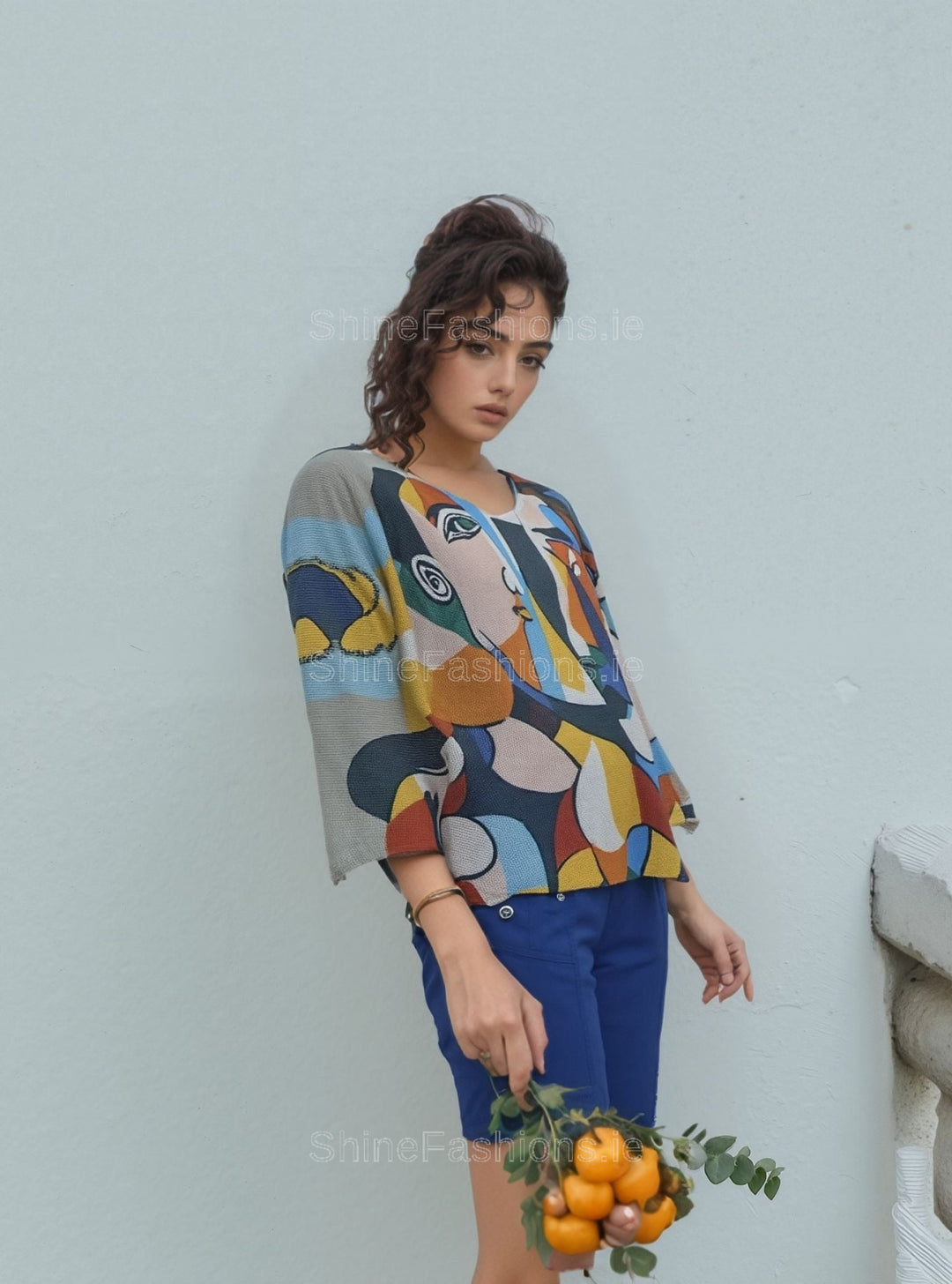 Blue Abstract Face Graphic Print Loose Fit Blouse
