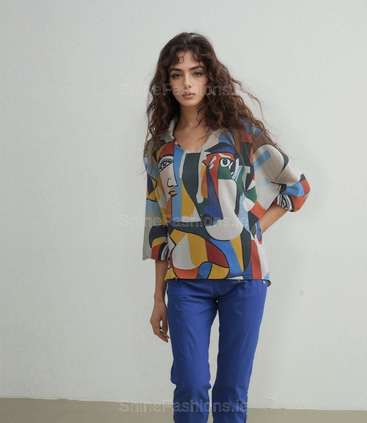 Blue Abstract Face Graphic Print Loose Fit Blouse One Size (Sizes 12-18)