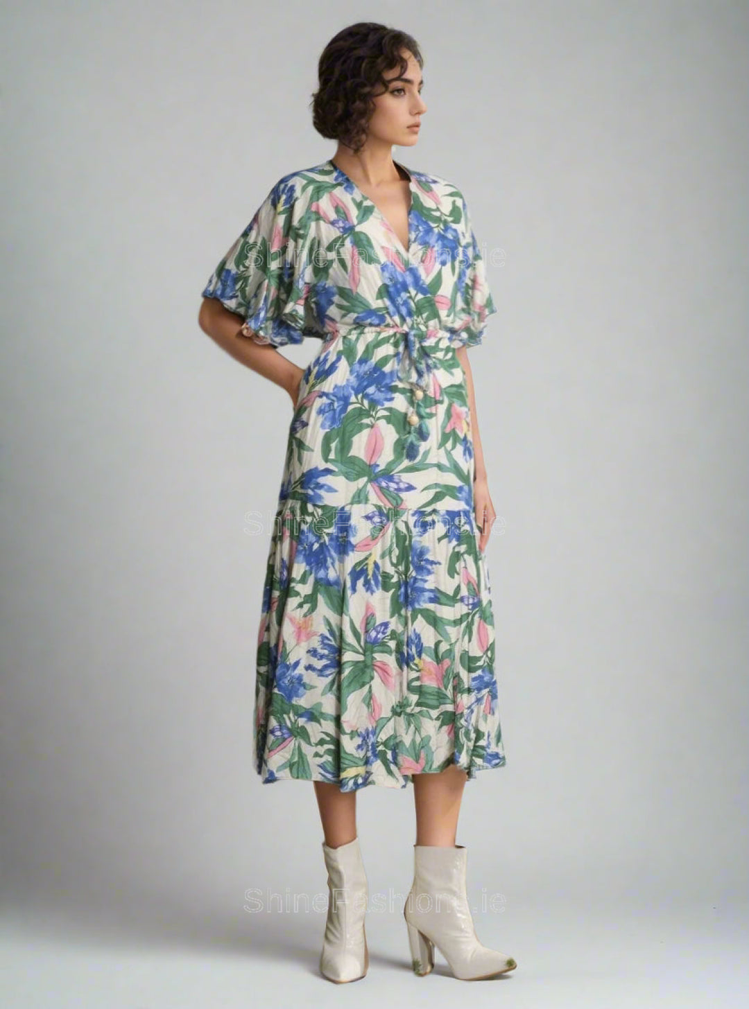 Blue & Green Floral Print Midi Dress