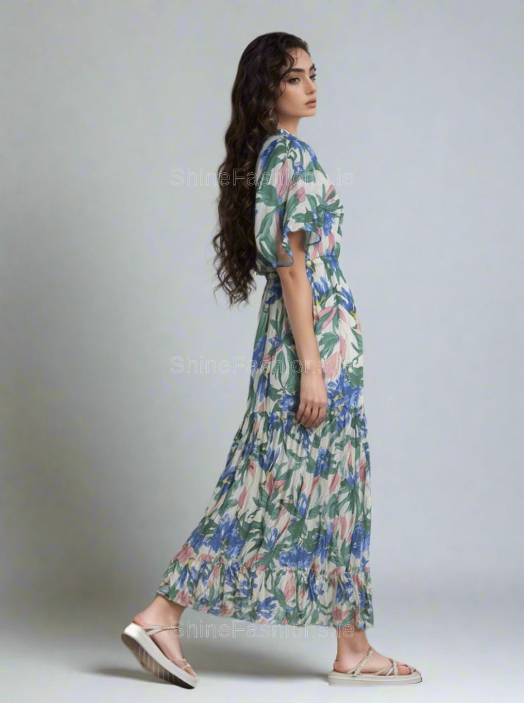 Blue & Green Floral Print Midi Dress