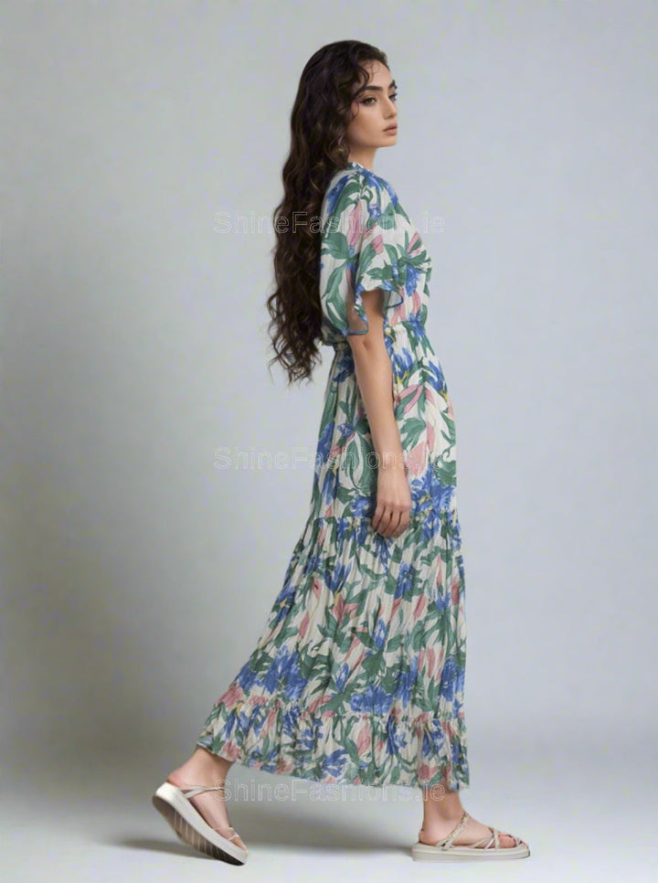 Blue & Green Floral Print Midi Dress