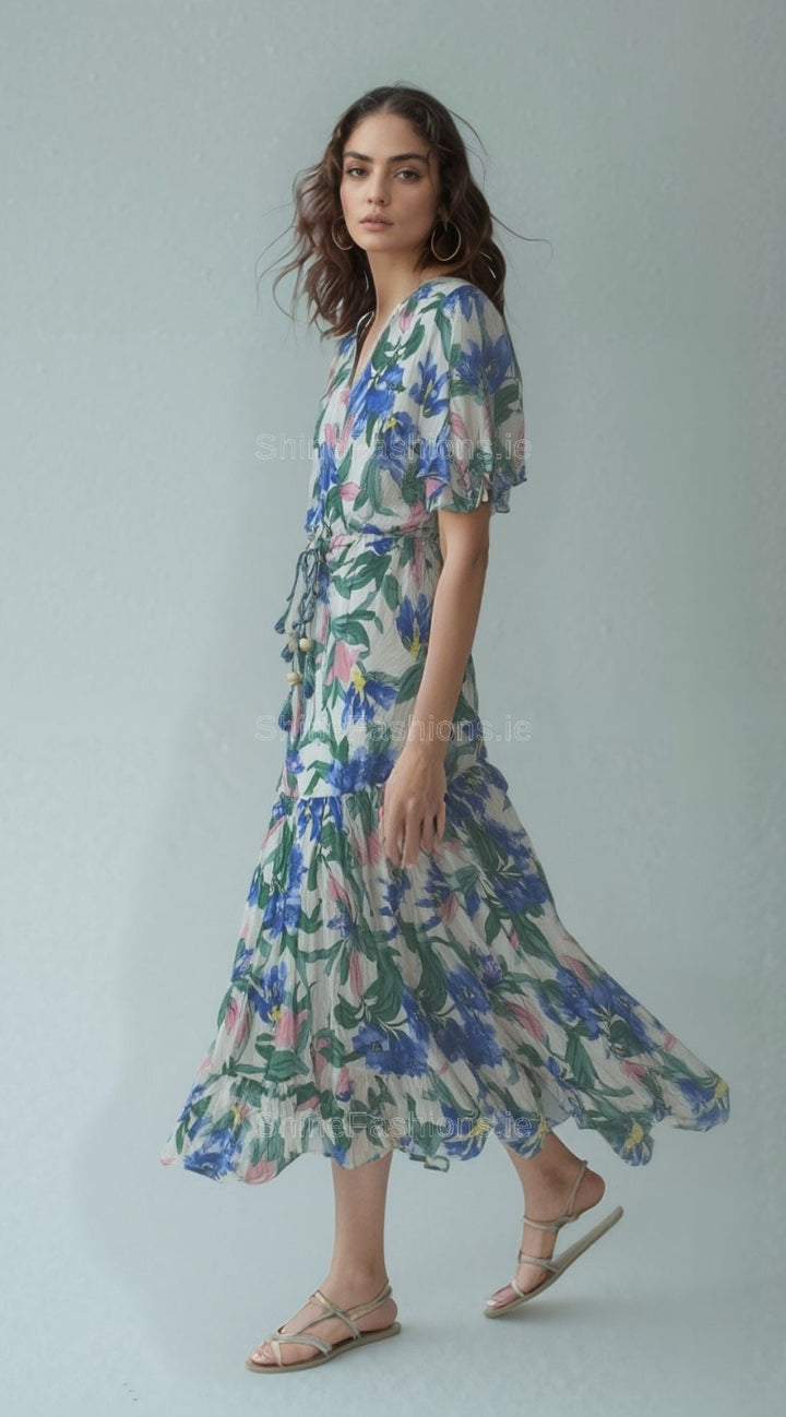 Blue & Green Floral Print Midi Dress