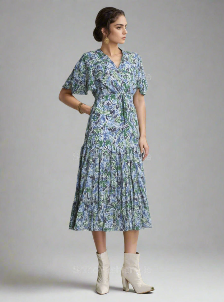 Blue & Green Floral Swirl Print Midi Dress