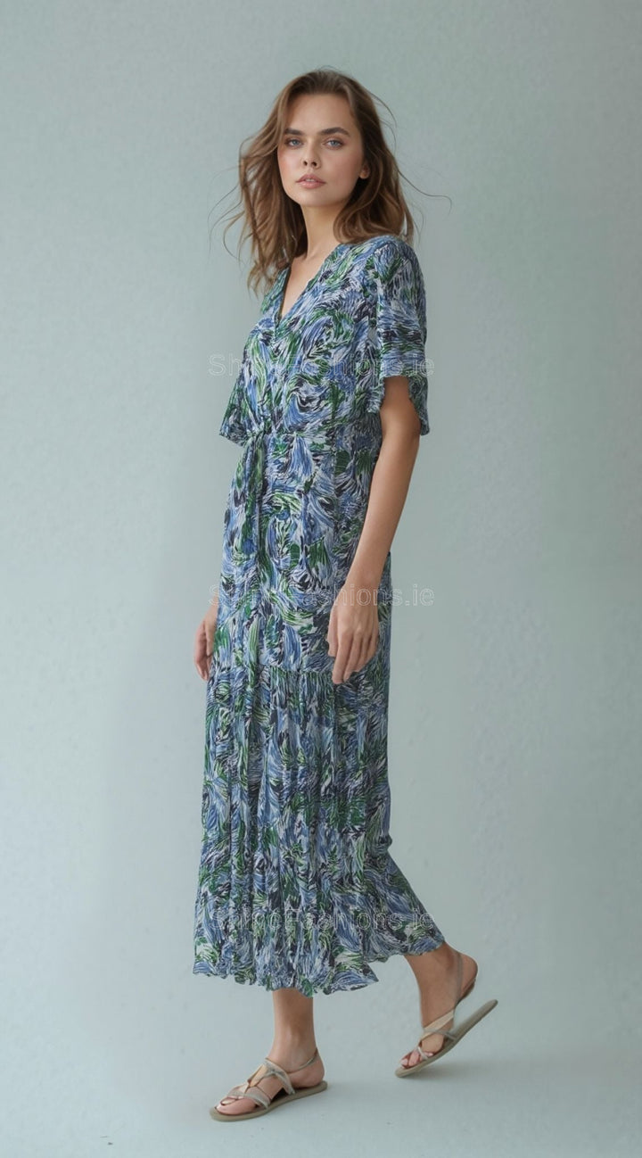 Blue & Green Floral Swirl Print Midi Dress