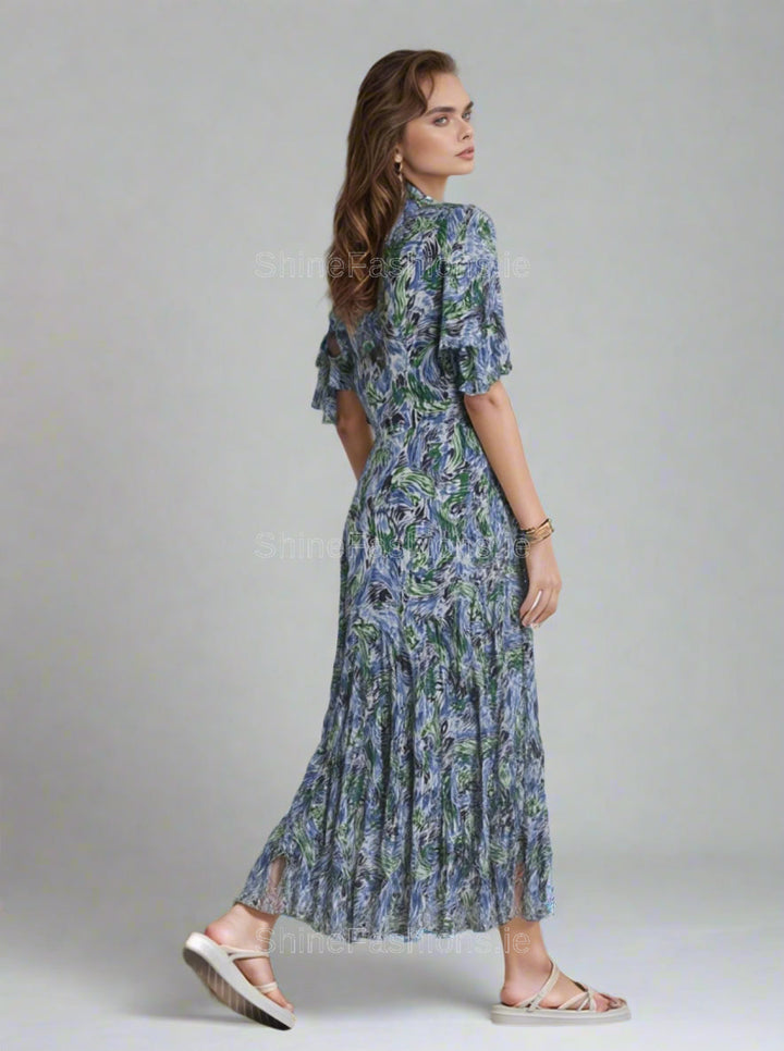 Blue & Green Floral Swirl Print Midi Dress
