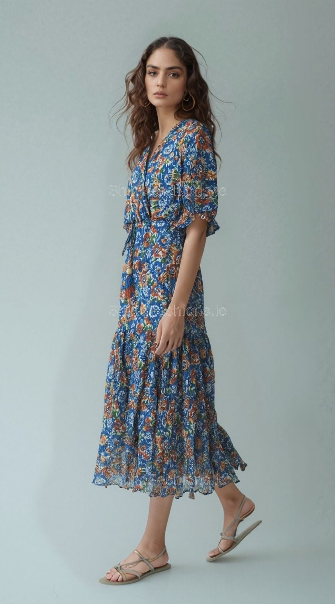 Blue & Orange Floral Pattern Midi Dress