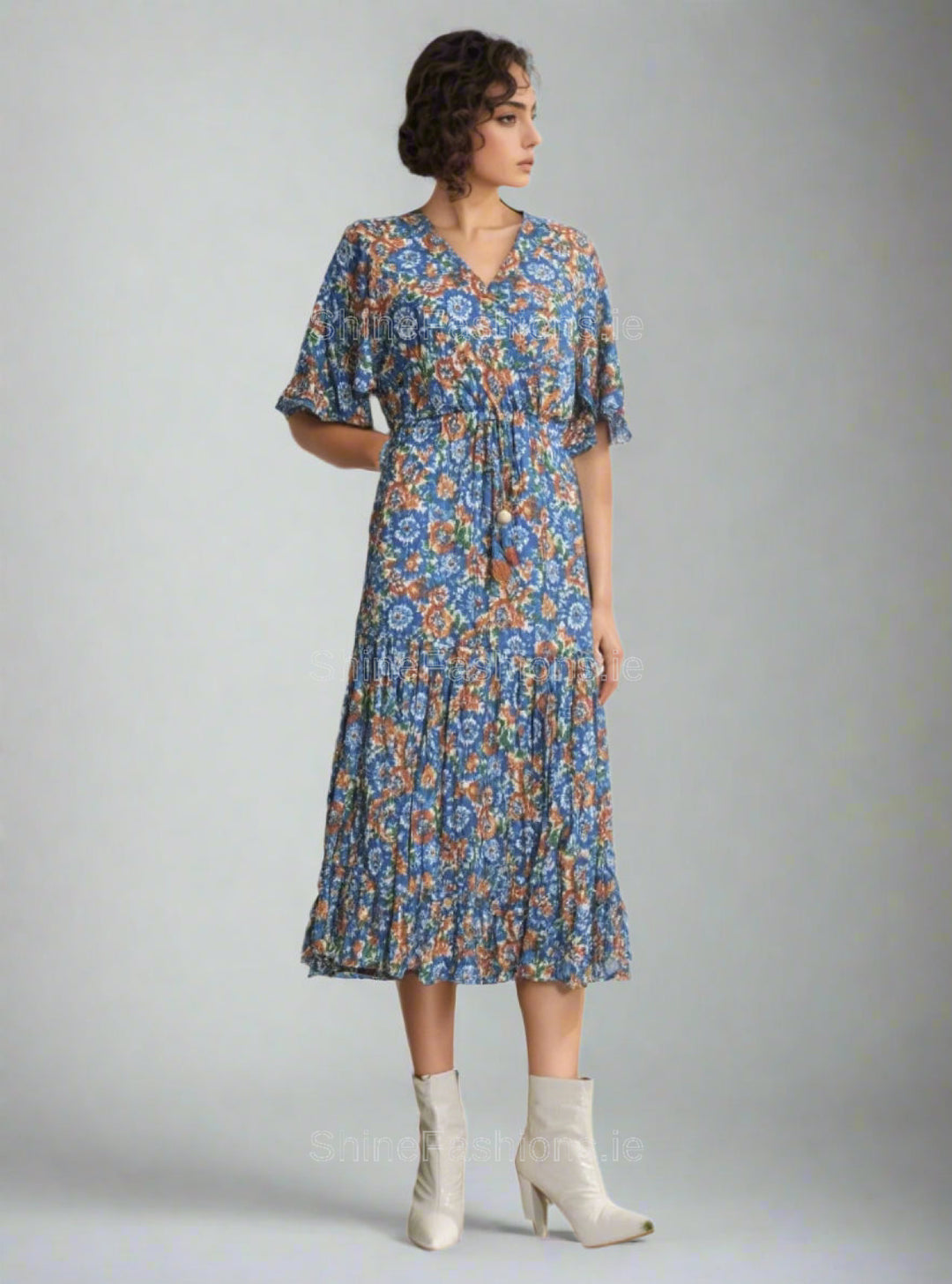 Blue & Orange Floral Pattern Midi Dress