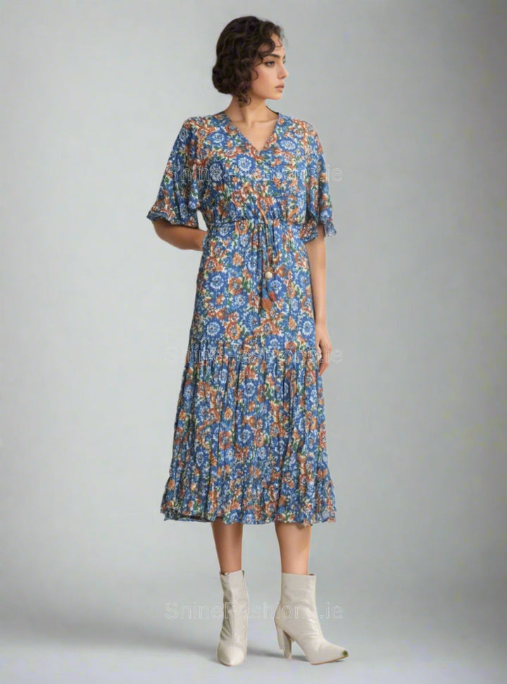 Blue & Orange Floral Pattern Midi Dress