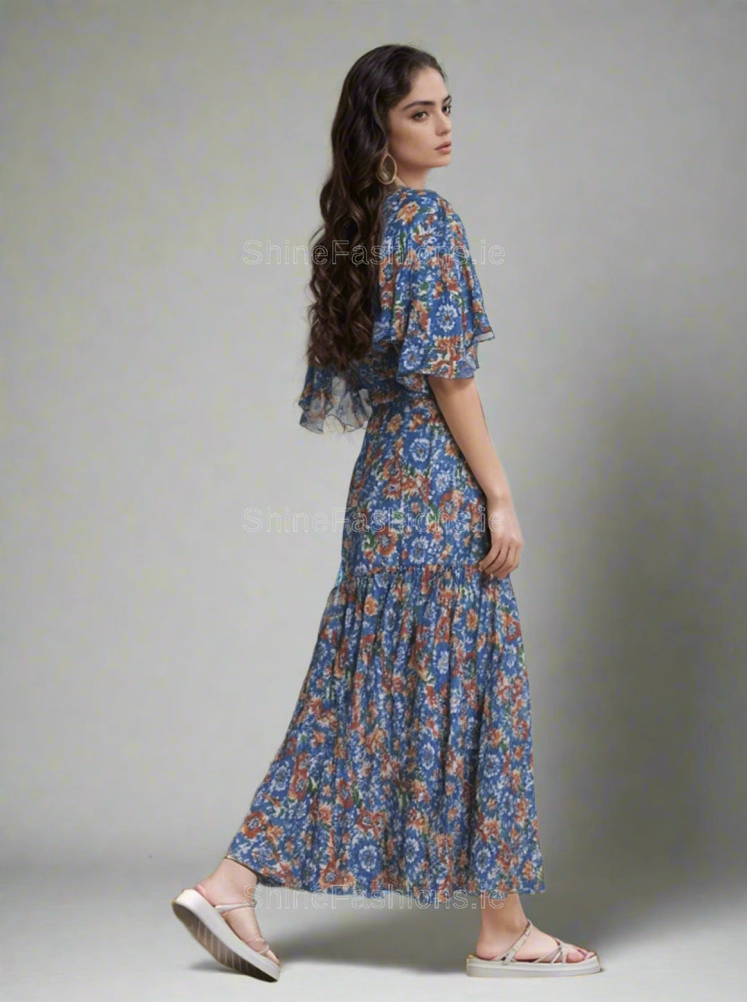 Blue & Orange Floral Pattern Midi Dress