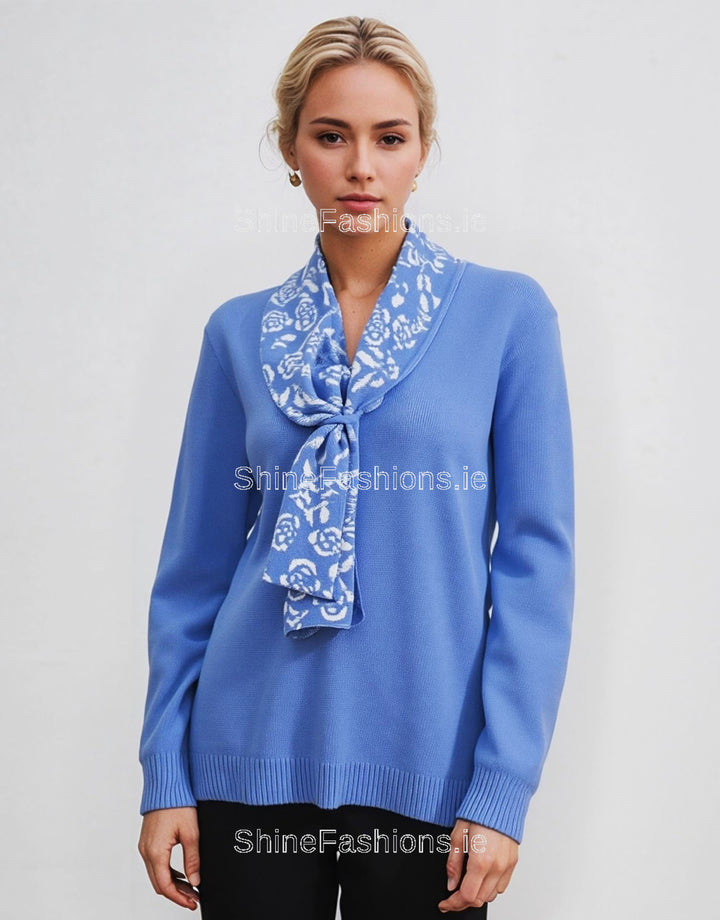Blue Rose Print Scarf Detail Jumper