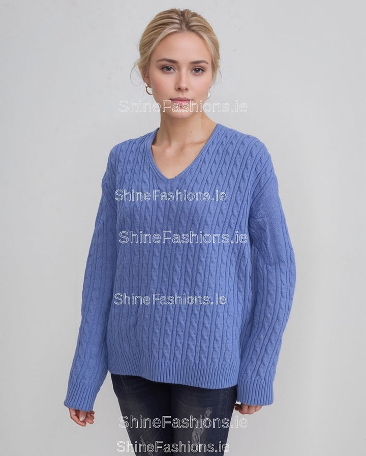 Blue V-Neck Cable Knit Jumper