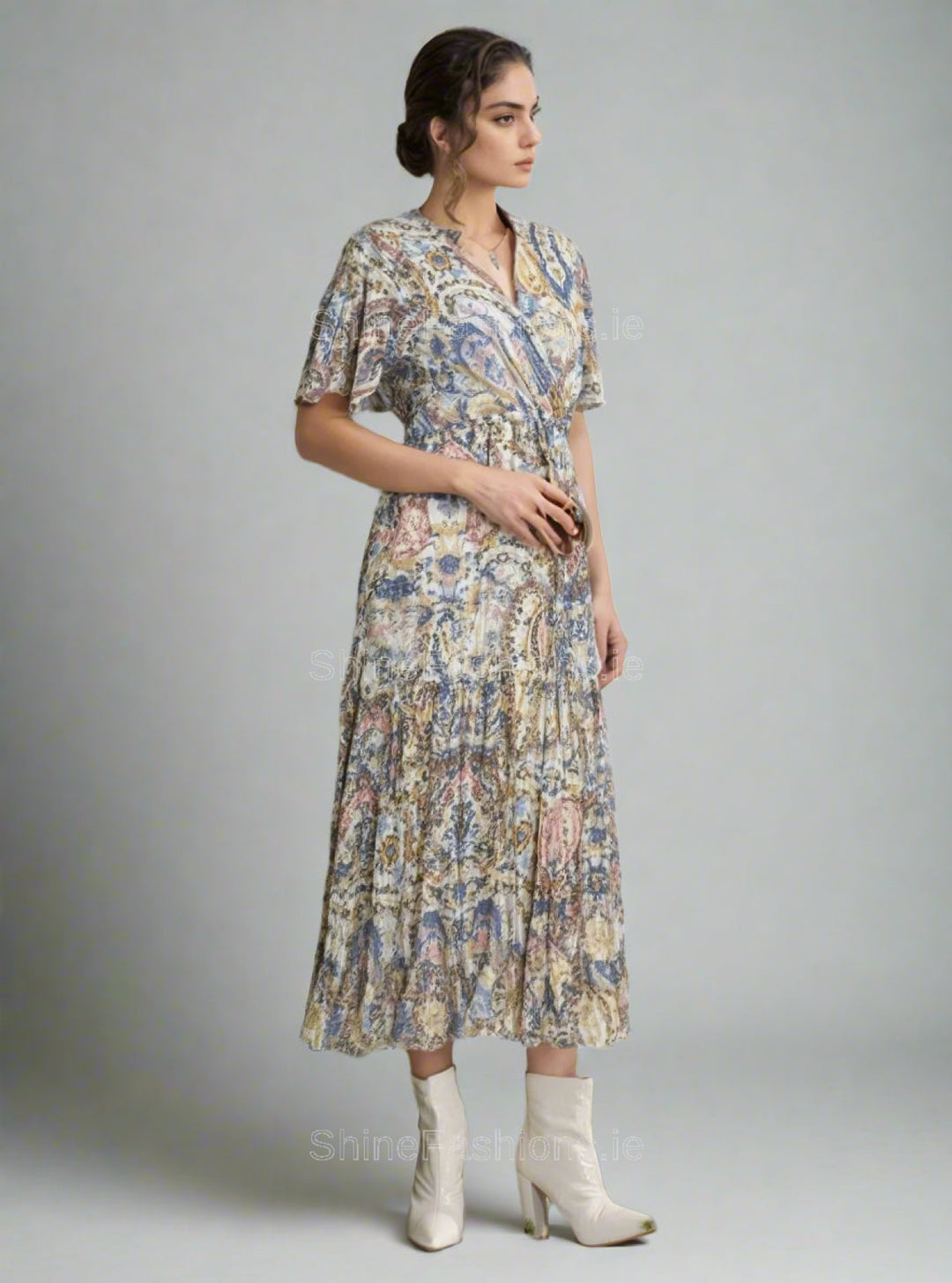 Blue & Yellow Paisley Print Midi Dress