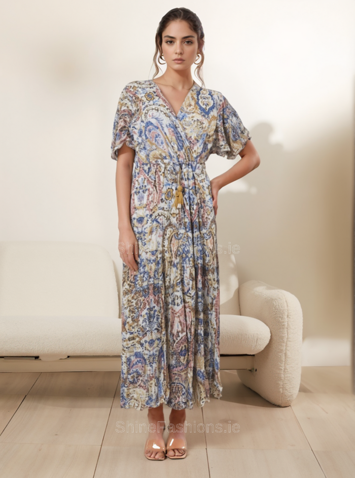 Blue & Yellow Paisley Print Midi Dress