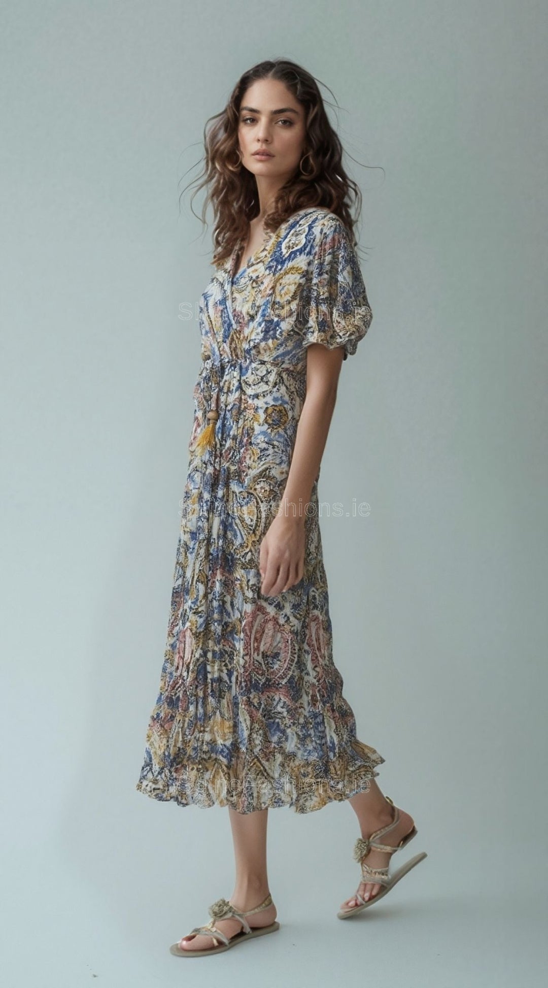 Blue & Yellow Paisley Print Midi Dress
