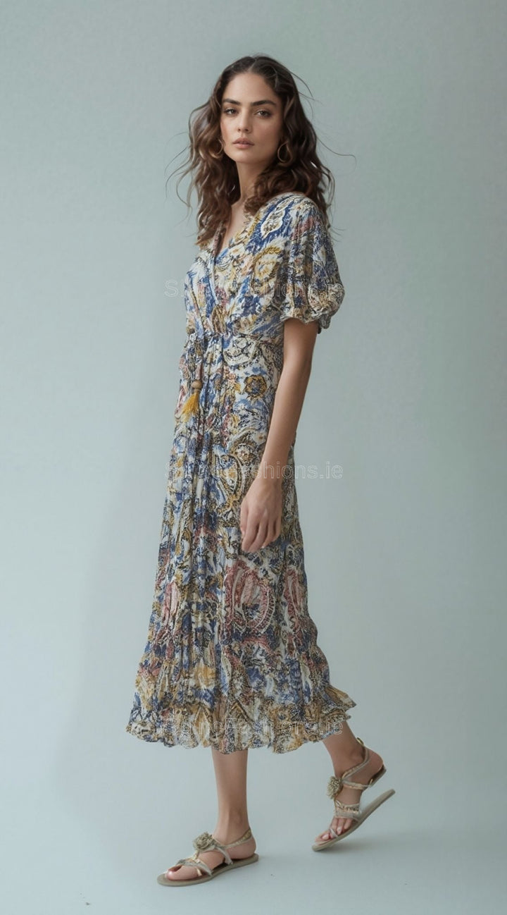 Blue & Yellow Paisley Print Midi Dress