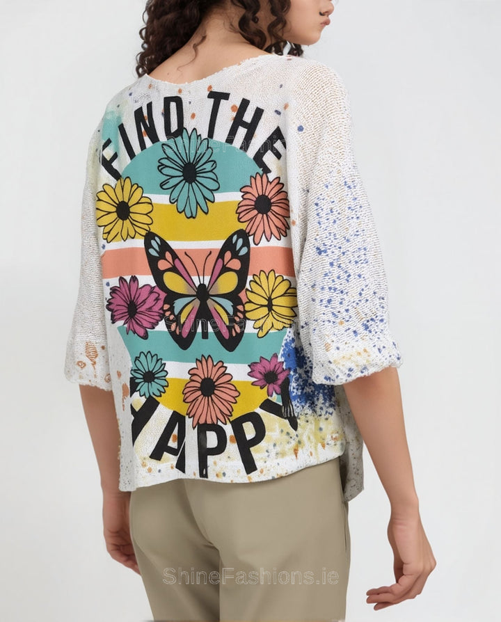 Butterfly Graphic Print Loose Fit Blouse One Size (Sizes 12-18)