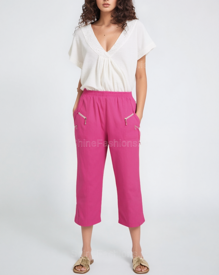 Cerise Pink Cotton Stretch Elasticated Waist Cropped Trouser
