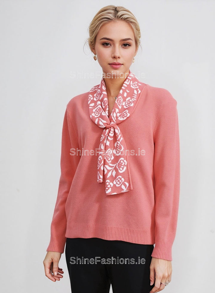 Coral Rose Print Scarf Detail Jumper