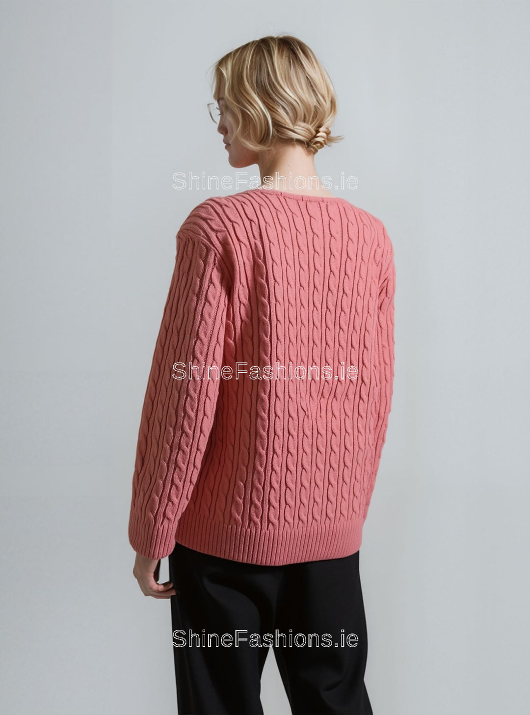 Coral Round Neck Cable Knit Jumper