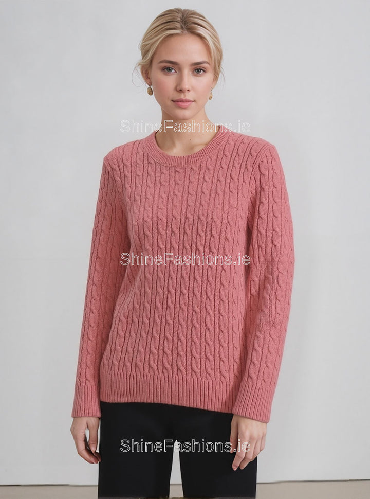 Coral Round Neck Cable Knit Jumper