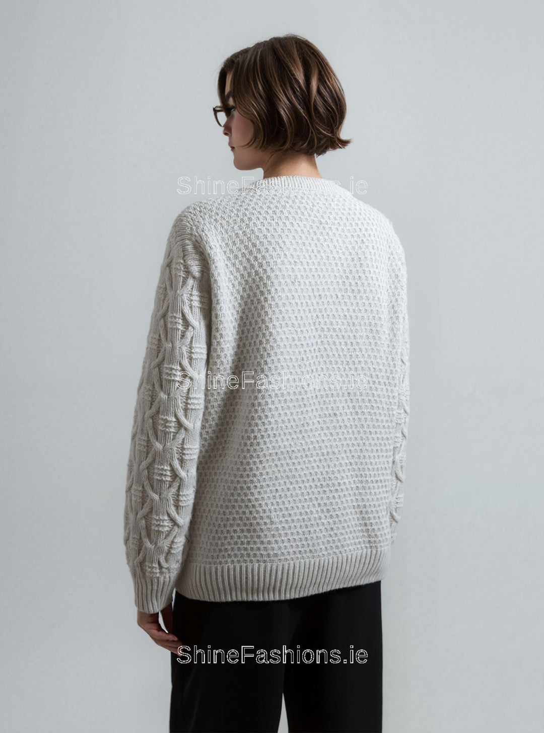 Cream Diamond Design Aran Style Round Neck Jumper