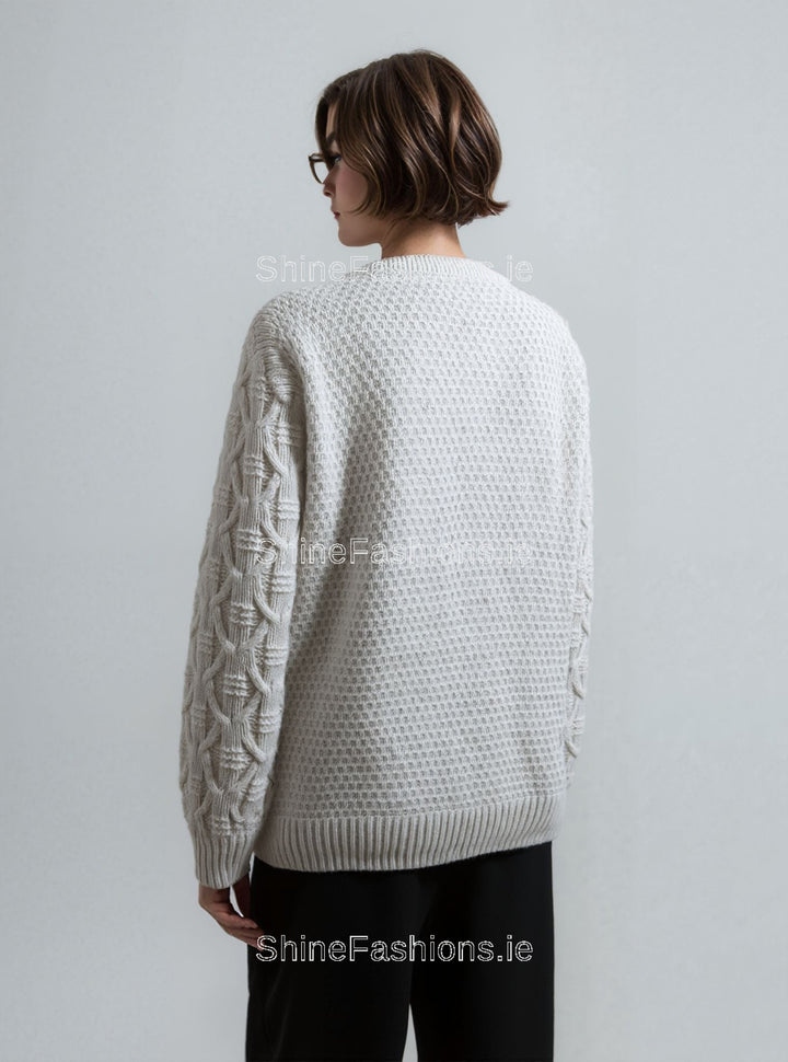 Cream Diamond Design Aran Style Round Neck Jumper