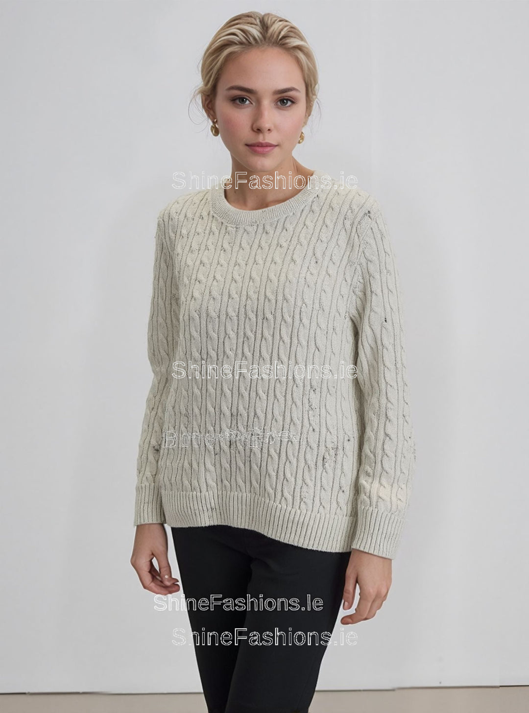 Cream Flax Round Neck Cable Knit Jumper