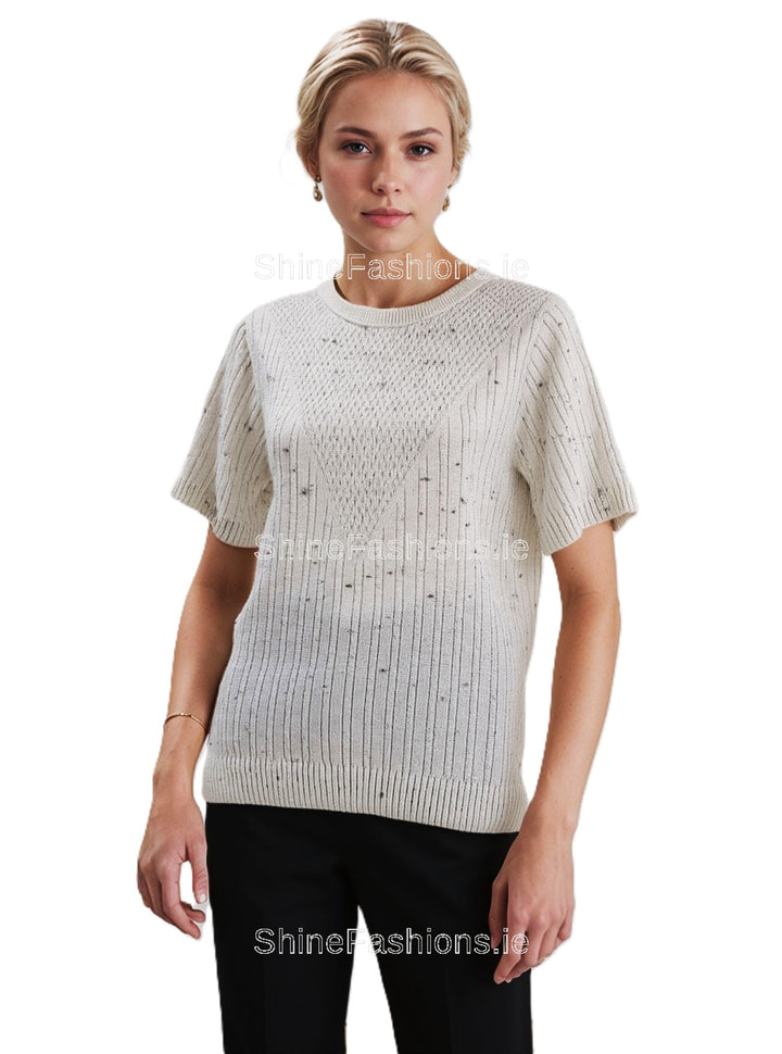 Cream Fleck Patten Ribbed Design Short Sleeve Jumper