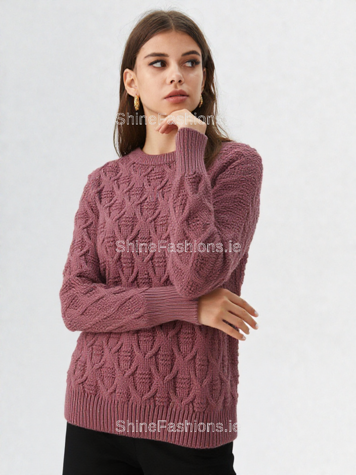 Dusty Pink Diamond Design Aran Style Round Neck Jumper