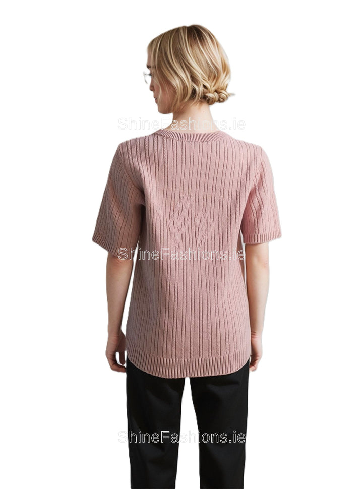 Dusty Pink Ribbed Design Short Sleeve Jumper