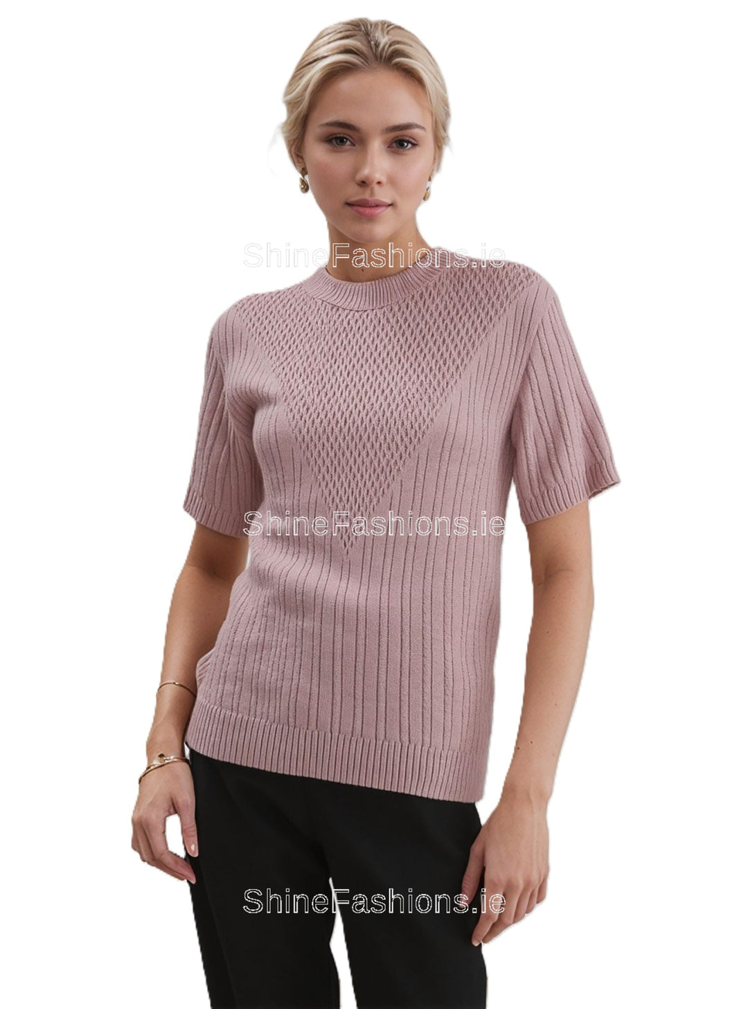 Dusty Pink Ribbed Design Short Sleeve Jumper