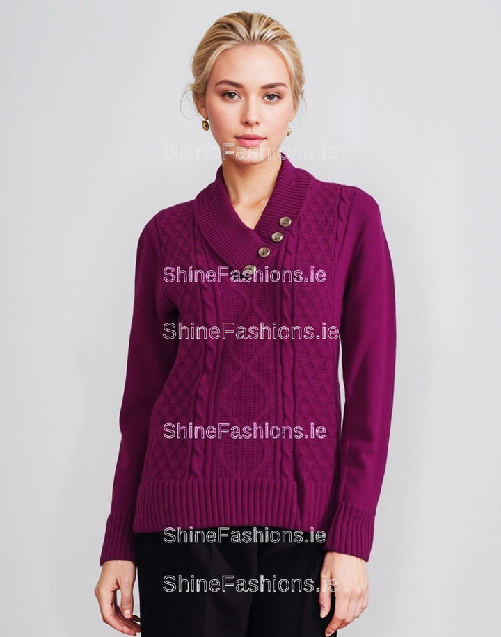Fuchsia Four Button Cable Knit Jumper