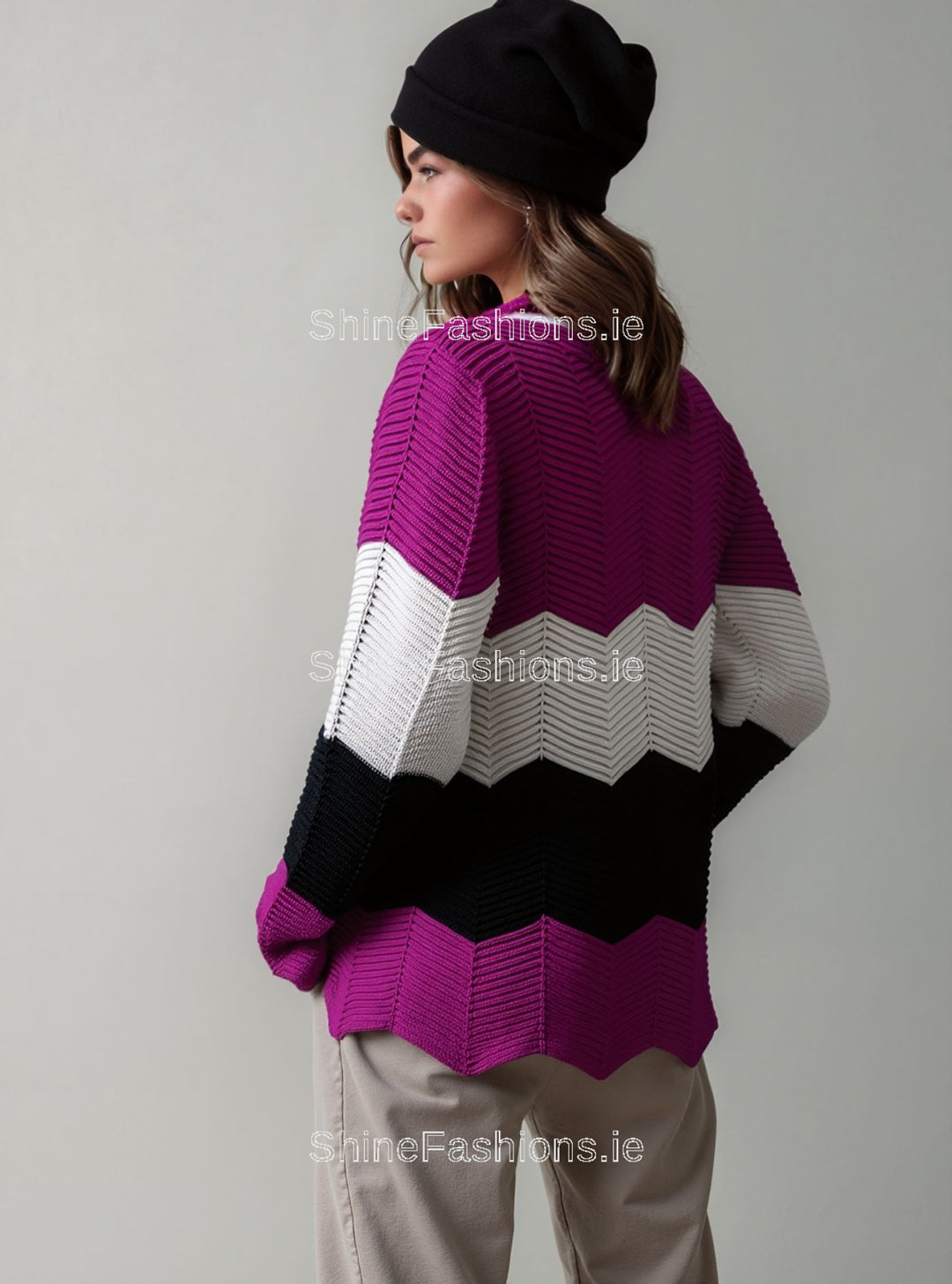 Fuchsia Pink Three Tone Stripe Design Knitted Jumper