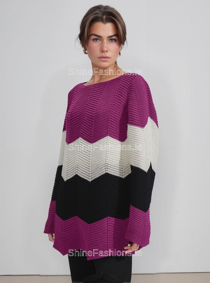 Fuchsia Pink Three Tone Stripe Design Knitted Jumper
