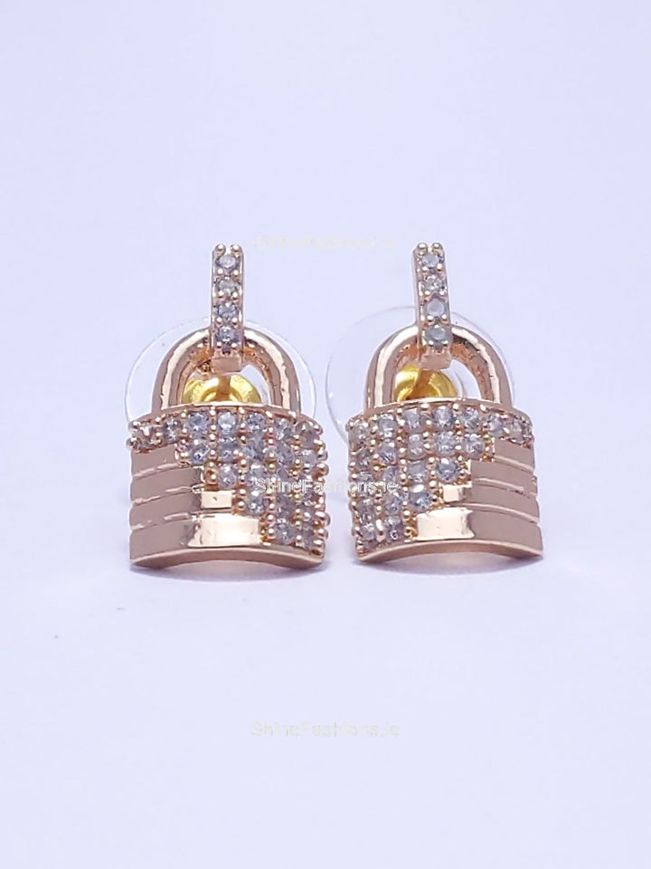 Gold Lock Diamond Stud Earrings