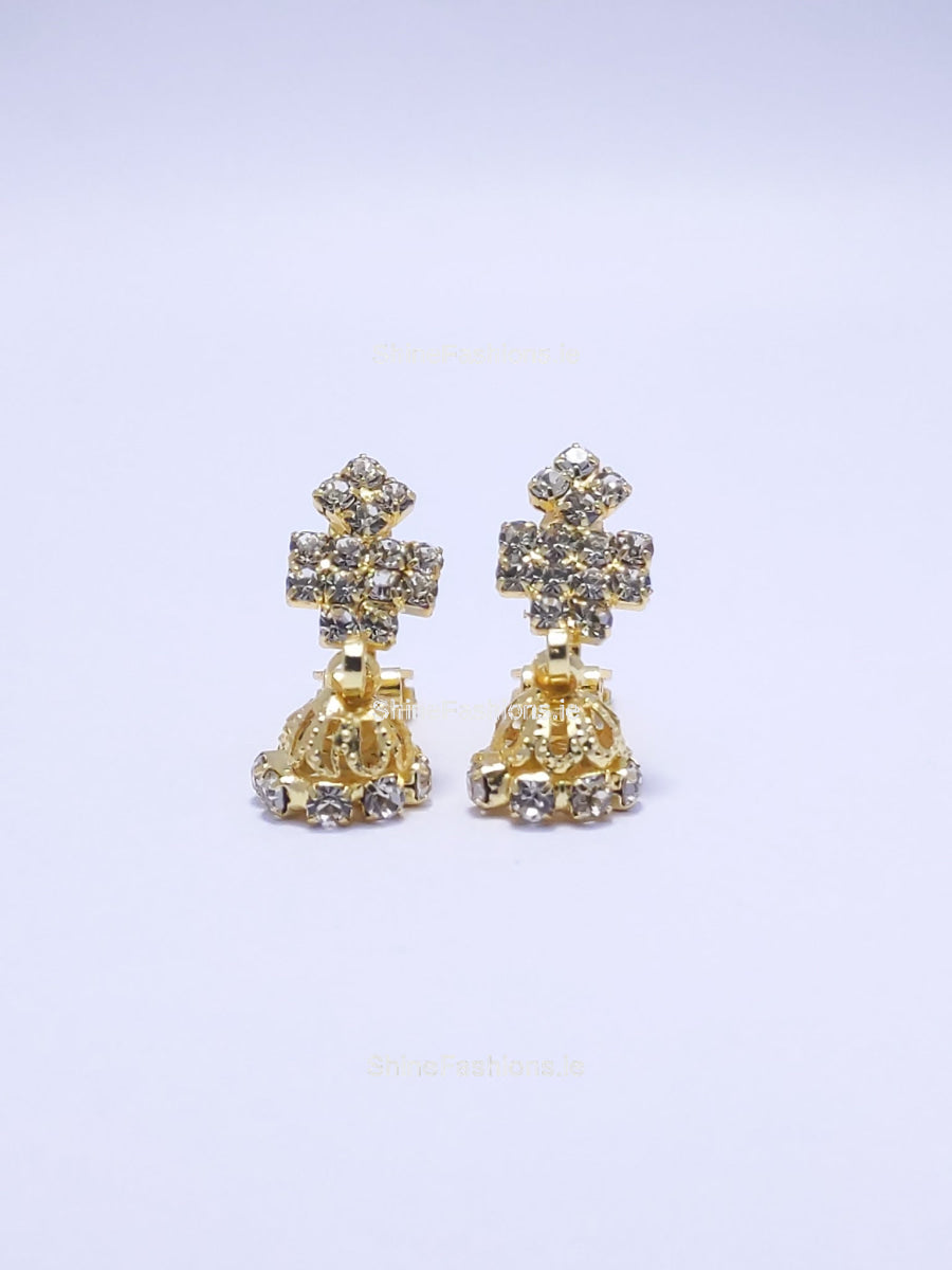 Gold Tiered Diamond Design Stud Clip On Earrings