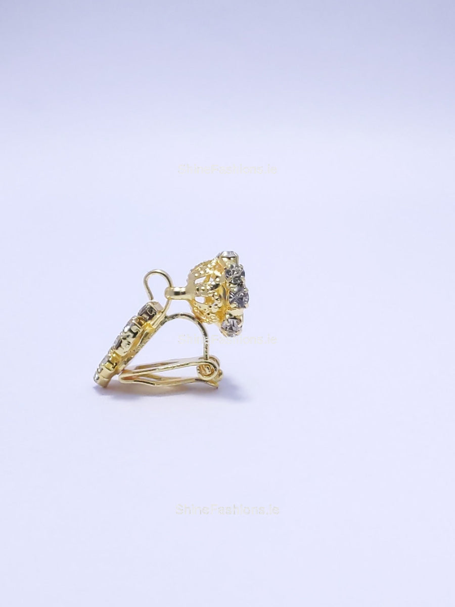 Gold Tiered Diamond Design Stud Clip On Earrings
