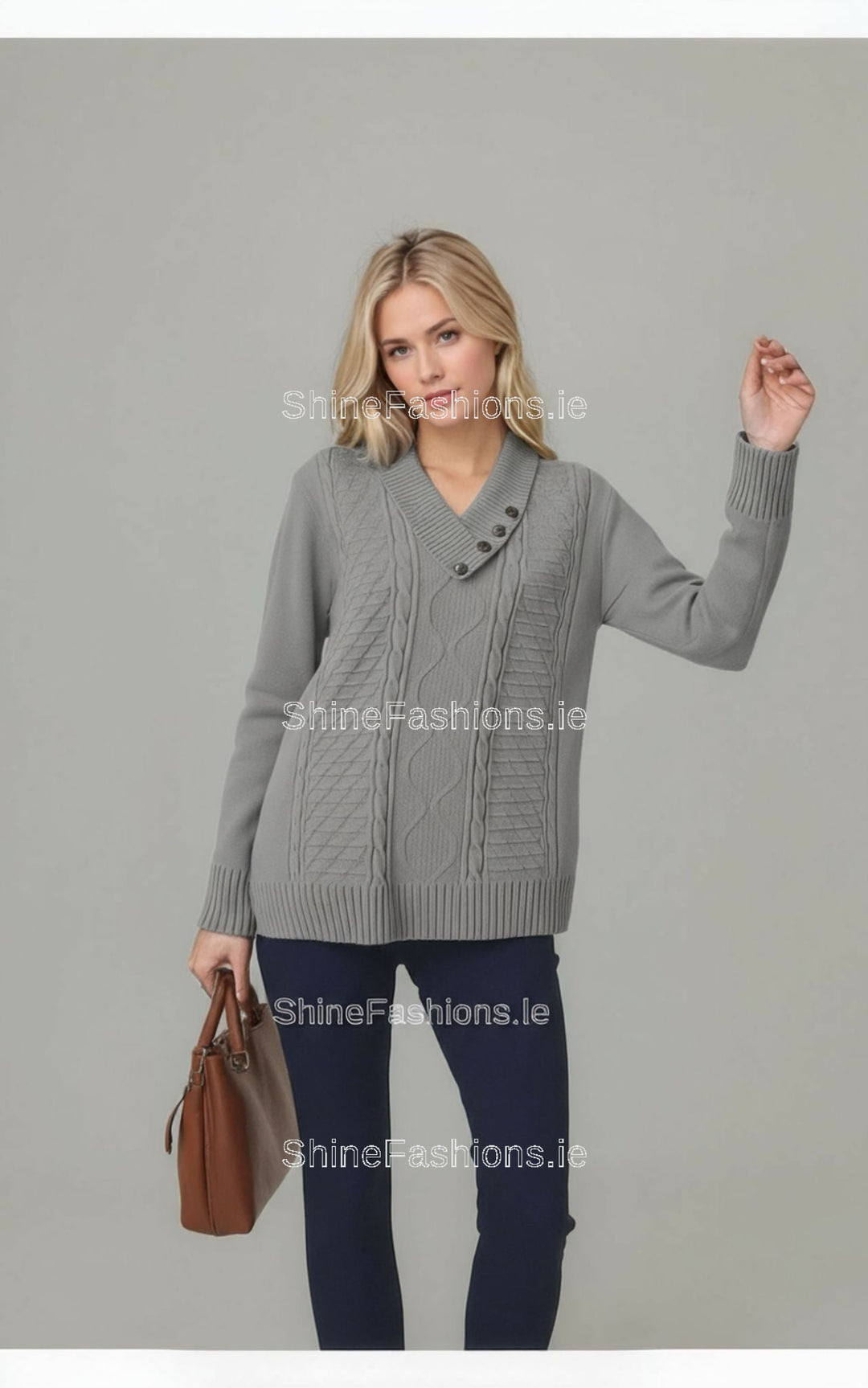 Grey Four Button Cable Knit Jumper