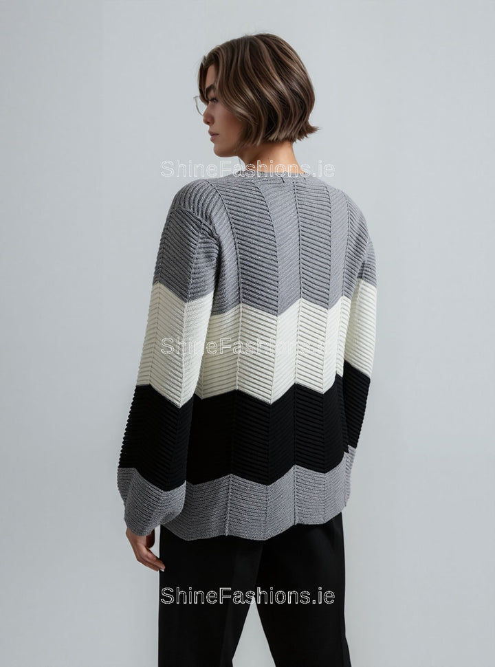 Grey Three Tone Stripe Design Knitted Jumper
