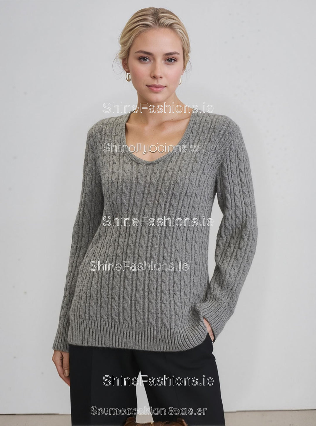 Grey V-Neck Cable Knit Jumper