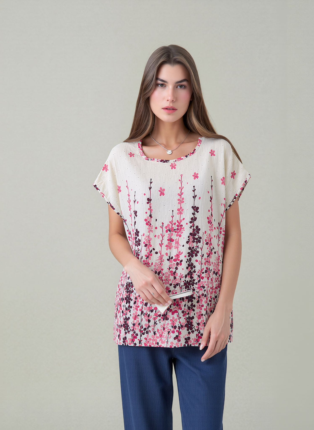 Pink & White Relaxed Fit Short Sleeve Tunic Top Lightweight Cotton Rich Casual Summer Shirt