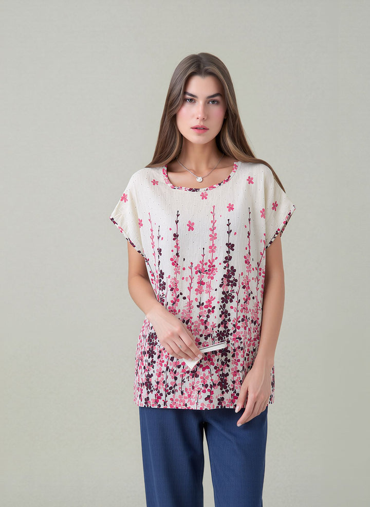 Pink & White Relaxed Fit Short Sleeve Tunic Top Lightweight Cotton Rich Casual Summer Shirt