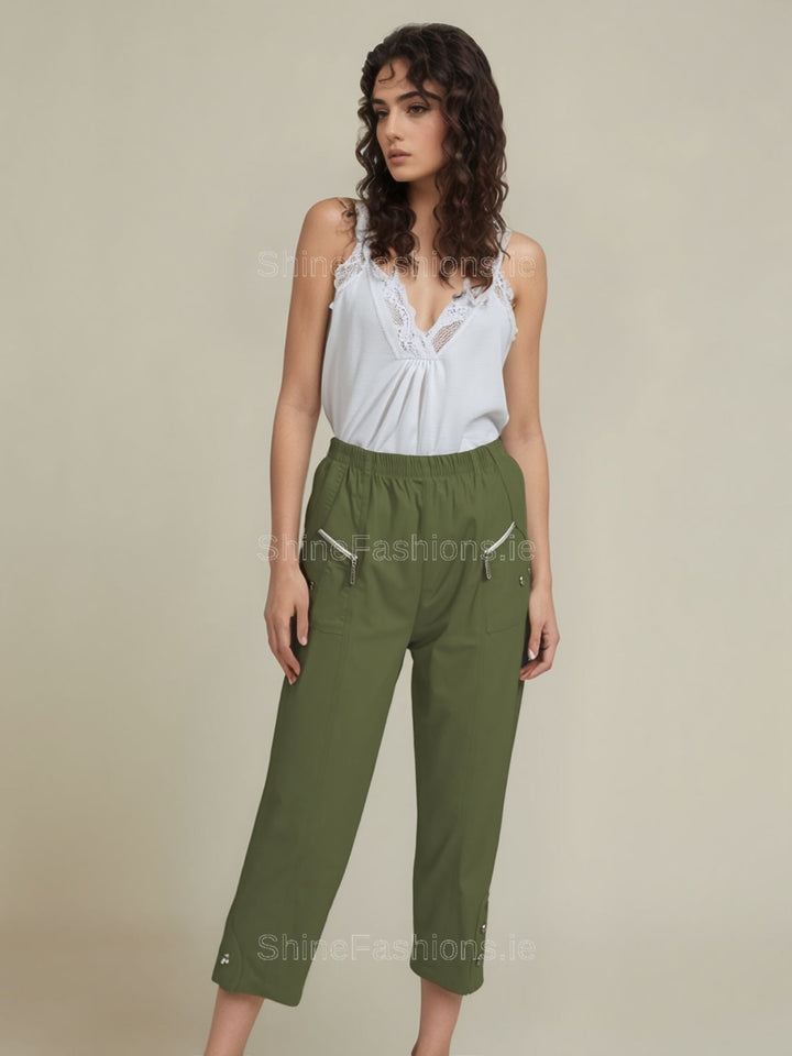 Khaki Cotton Stretch Elasticated Waist Cropped Trouser