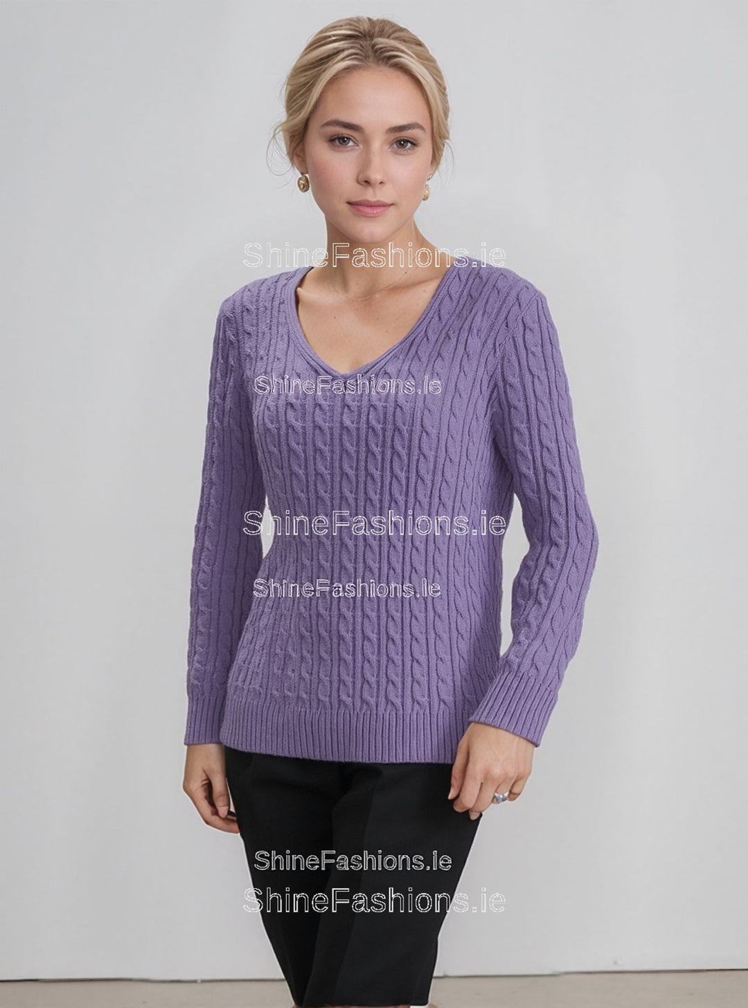 Lavender V-Neck Cable Knit Jumper