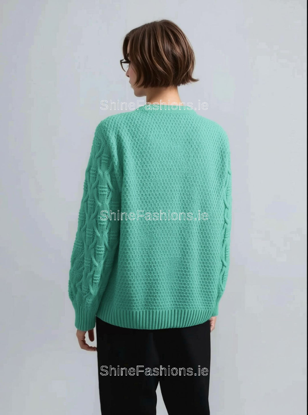 Mint Diamond Design Aran Style Round Neck Jumper