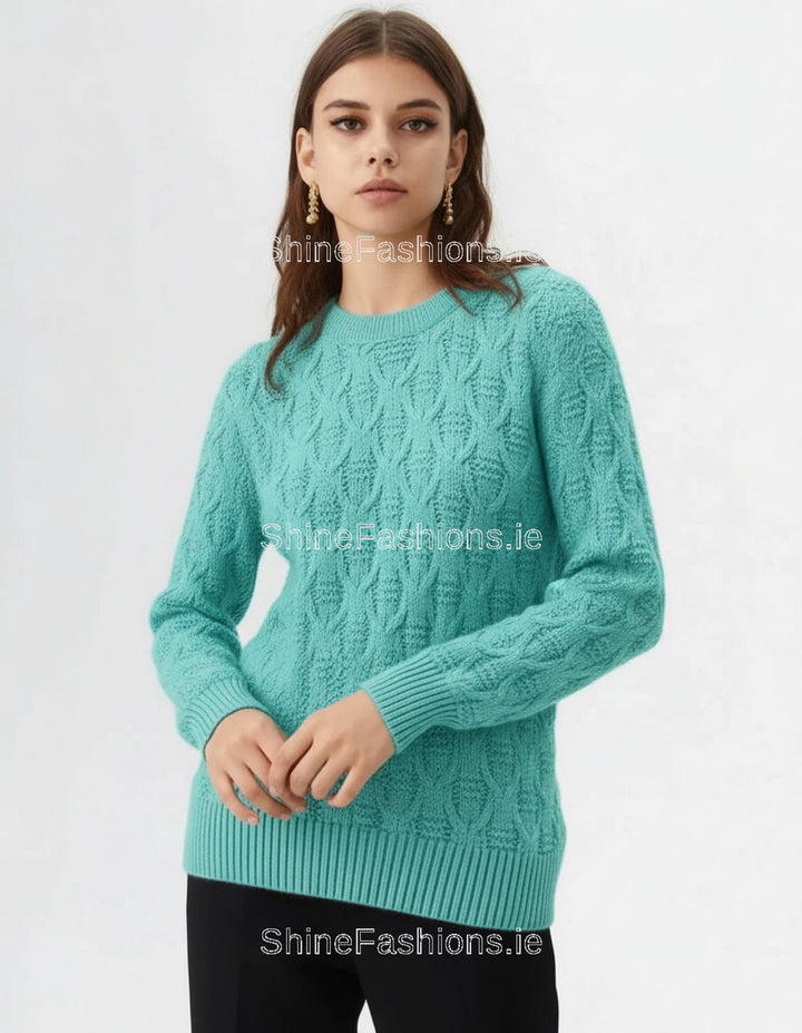 Mint Diamond Design Aran Style Round Neck Jumper